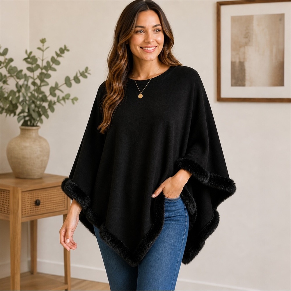 Top It Off Emory Poncho Black Faux Fur Trim One Size Lightweight Cape NWT